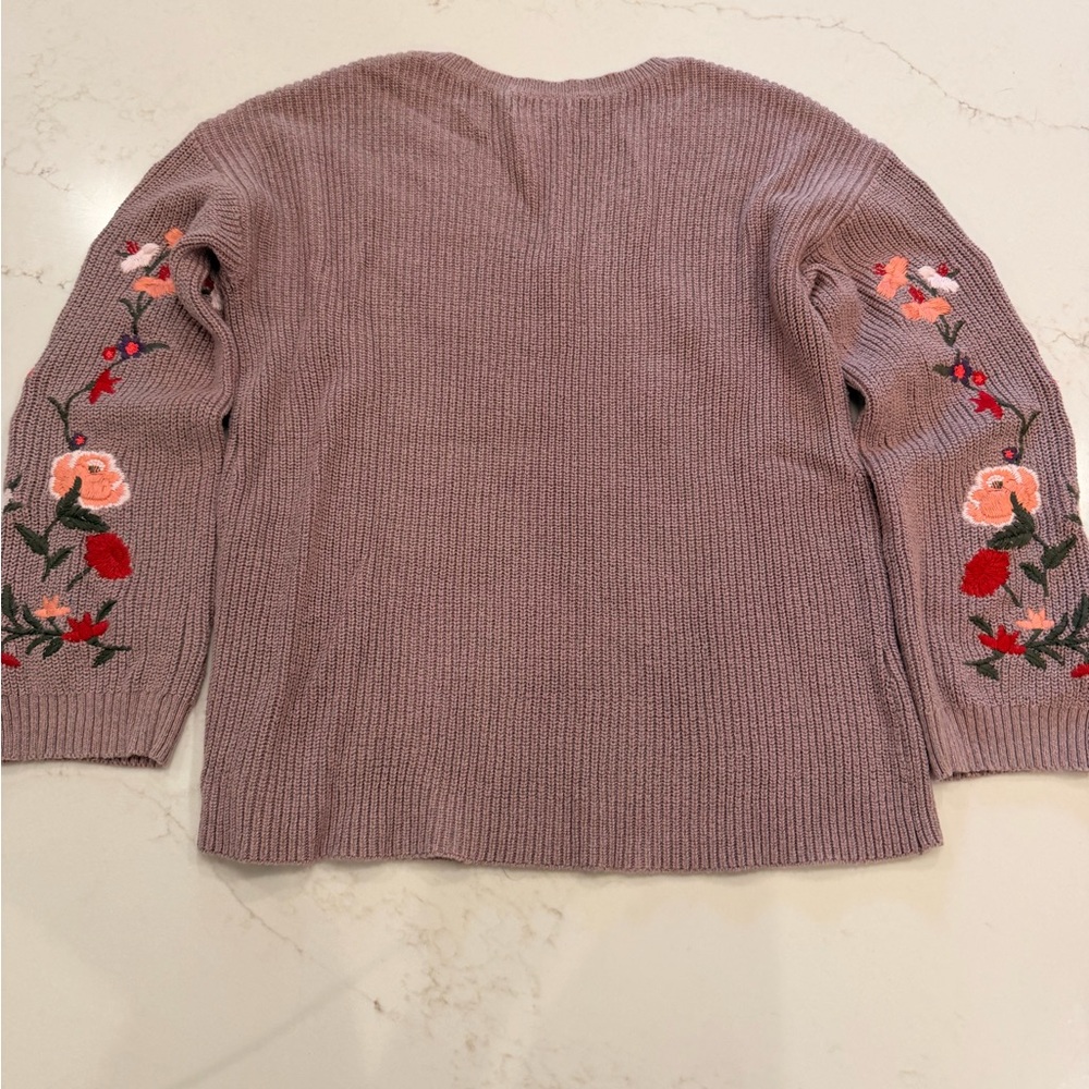 American Eagle Floral Embroidered Sleeve Sweater Mauve V Neck Boho Cottagecore - Picture 8 of 8